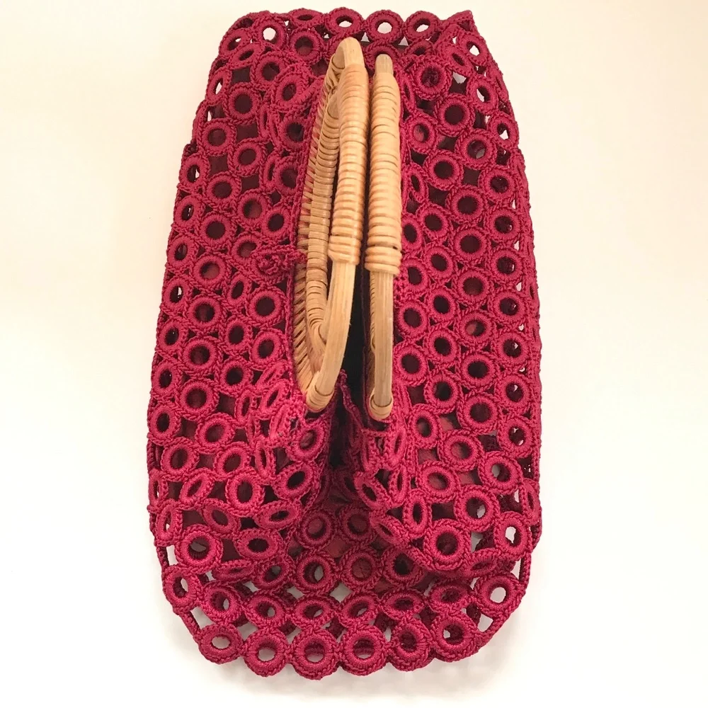 ENRICO VERSARI Italian Handcrafted Crochet & Rattan Satchel Red Bag EUC